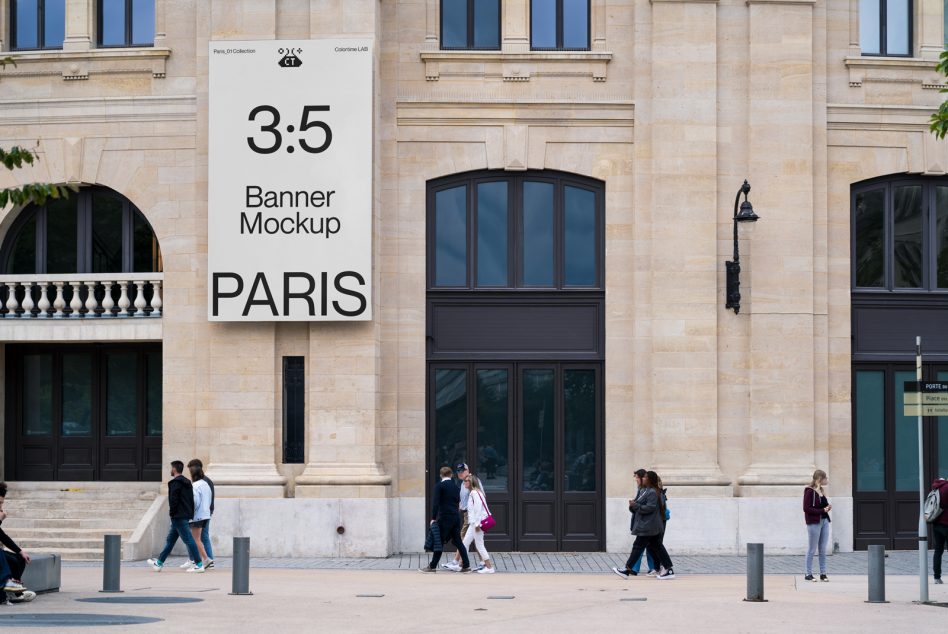 Urban banner mockup displayed on building facade with people walking by, ideal for showcasing outdoor advertising designs in a realistic setting.